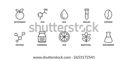 Skin care routine icon set. beauty, antioxidant, bha, caffeine, outline style