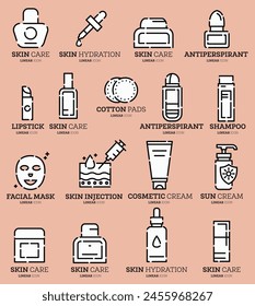 Skin care routine icons set. Linear icon. Vector illustration. Personal care products.