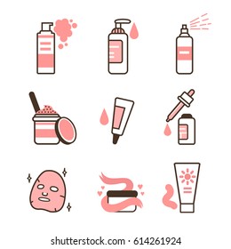 Skin care routine icons set in line style. Vector illustration.