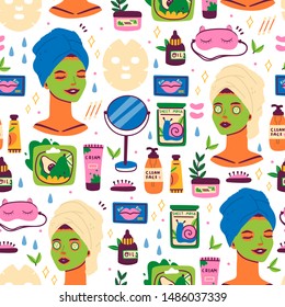 Skin care routine icons. Various beauty objects. Face care concept. Cleansing, moisturizing, treating. Hand drawn vector seamless pattern. Cartoon style. Flat design