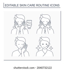 Skin care routine line icons set. Man doing beauty procedure for soft face skin. Washing, cleansing, wiping, shining. Cosmetology concept. Isolated vector illustrations. Editable stroke