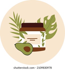 Rutina de cuidado de la piel. Productos cosméticos naturales con aceite de aguacate. Cosméticos coreanos. Manos o crema facial, máscara. Dibujo vectorial de procedimientos de belleza. Vegan, productos ecológicos ecológicos sin crueldad.