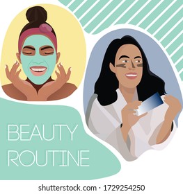 Skin care routine pictures. Face care concept. Cleansing, moisturizing, treating. Hand drawn vector set. Cartoon style. Flat design. All elements are isolated
