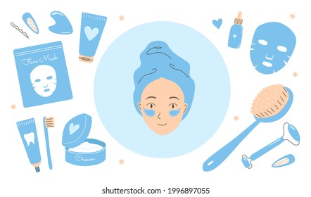 Skin care routine products. Happy young girl face in a towel using eye patches. Different beauty cosmetic products and devises for home spa self care. Colorful cartoon hand drawn vector illustration.