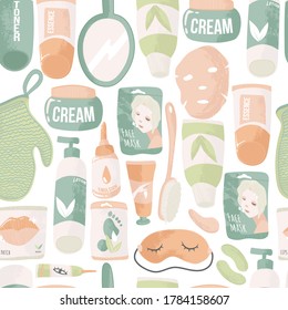 Skin care routine seamless pattern. Beauty spa face and body care repeated background. Cleansing, moisturizing, treating. Hand drawn vector seamless pattern. Cartoon style. Flat design