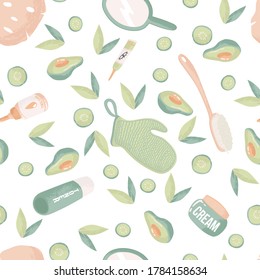 Skin care routine seamless pattern. Beauty spa face and body care repeated background. Cleansing, moisturizing, treating. Hand drawn vector seamless pattern. Cartoon style. Flat design