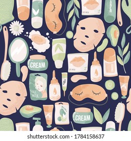Skin care routine seamless pattern. Beauty spa face and body care repeated background. Cleansing, moisturizing, treating. Hand drawn vector seamless pattern. Cartoon style. Flat design
