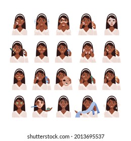 Skin Care Routine. Set of Beautiful Isolated Black Ladies doing facials. Afro American Woman take care of skin Health. Steps. Flat cartoon color style. White background. Vector Stock illustration.