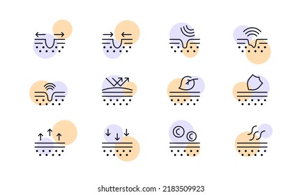 Skin Care Routine Set Icon. Beauty, Epidermis, Clean Pores, Affect, Arrows, Heal, Cure, Leaf, Eco, Natural, Herbal, Shield, Evaporation, Sebum. Healthcare Concept. Vector Line Icon For Business.