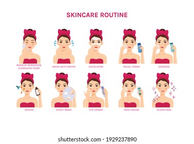 Skin care routine. Set of isolated beautiful young brunette woman with bow makes cosmetic procedures for face health. Cartoon flat color style. White background. Vector stock illustration.