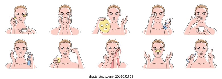 Cuidados de la piel conjunto rutinario de peeling máscara de elevación masajeador nutrición procedimientos cosméticos anti envejecimiento ilustración vectorial plana