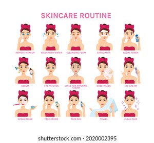 Skin Care Routine. Set. Steps. Woman in Towel, with Bow on Head Takes Care of Face. Spa Day for Young Girl. Relaxation. She Applies a Moisturizer Cream, Foam, Uses a Sheet Mask, Serum, Washes. Vector