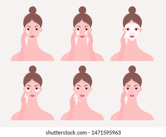 Skin care routine. Simple woman face with a different facial procedures: makeup remover, cleancing foam, eye patchs, mack, surum, cream. Flat style. Vector illustration.
