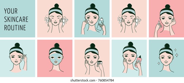 Skin care routine, simple woman face with a different facial procedures banner
