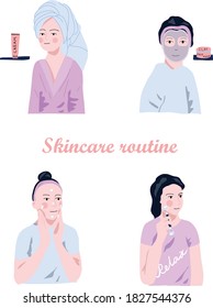 Rutina de cuidado de la piel - conjunto de ilustraciones vectoriales. Mujer con máscara facial, crema facial, rodillo de masaje facial