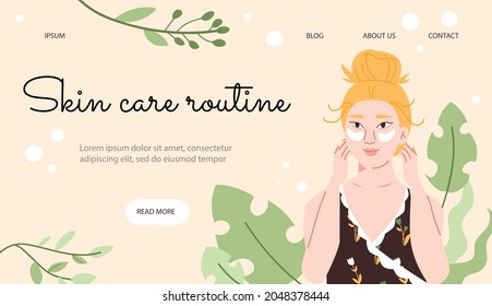 Skin care routine website template with beautiful young woman cares about her face and puts eye patches, flat vector illustration. Daily beauty procedure and home SPA.