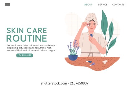 Skin care routine with woman applying beauty products, landing page template flat vector illustration. Young female character in bathroom using essential oils and moisturizer with gua sha massager.