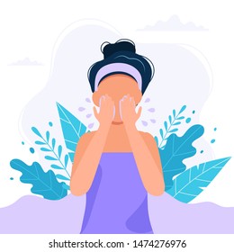 Skin care routine. Woman cleansing the her face with water, beauty routine. Cute vector illustration in flat style.