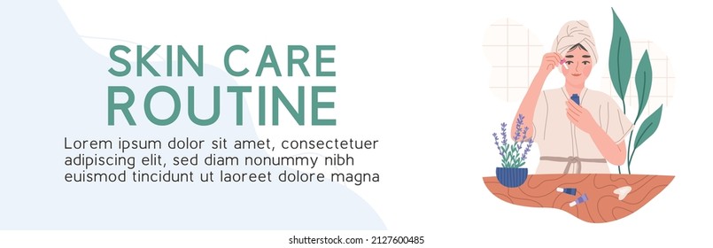 Skin care routine with woman in robe and towel on head applying facial oil or serum, poster flat vector illustration. Horizontal banner with concept of self care, home spa and beauty treatment