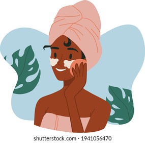 Skin care routine. Young girl face skin, organic natural products. Korean cosmetics. Woman in towel portrait with foam, care supplies. Beauty procedures vector cartoon icon. Hygiene and moisturizing