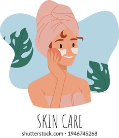 Skin care routine. Young girl wash face, organic natural products. Korean cosmetics. Woman in towel portrait with foam, care supplies. Beauty procedures vector cartoon icon. Hygiene and moisturizing