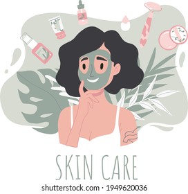 Skin care routine. Young girl face skin, organic natural cosmetic products. Korean cosmetics. Woman portrait with face mask, care supplies. Beauty procedures vector cartoon icon. Face care.