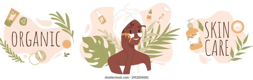 Skin care routine. Young girl face skin, organic natural cosmetic products. Korean cosmetics. African Woman in towel portrait with eye patches, care supplies. Beauty procedures vector cartoon icon. 