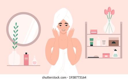 Skin care routine. Young woman in a towel using a facial cream or a mask in a bathroom. Morning beauty rituals at home, self care concept. Isolated flat vector illustration with a female character