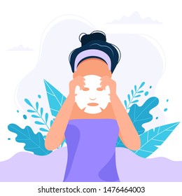 Skin care routine.Woman putting a sheet mask on her face, beauty routine. Cute vector illustration in flat style.