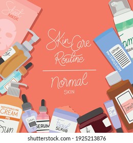 skin care rutine and normal skin lettering on a red background vector illustration design