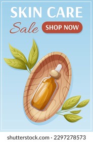 Skin care sale poster. Oil serum in a wooden bowl surrounded by green leaves. Health and beauty. Vector illustration. For advertising, website, banner. a4 format