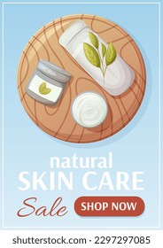 Skin care sale poster. Round wooden board with rolled up towel and face cream. Top view. Health and beauty. Vector illustration. For advertising, website, banner. a4 format