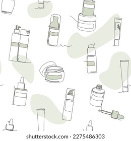 Hautpflegenahtloses Muster. Beauty-Produkte, Linie, Vektorgrafik, Farbpunkte-Hintergrund
