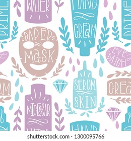 Skin care seamless pattern hand draw. Shape cosmetic product. Label Home production. Vector illustration