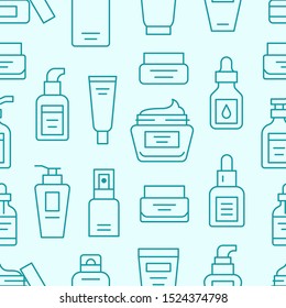 Skin care seamless pattern with line icons. Hyaluronic acid serum, cosmetic lotion, moisturizing cream tube package, cosmetology treatment. Beauty makeup background dermatology brochure.