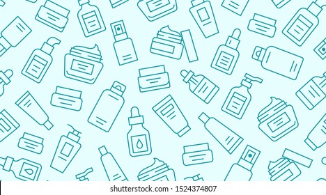 Skin care seamless pattern with line icons. Hyaluronic acid serum, cosmetic lotion, moisturizing cream tube package, cosmetology treatment. Beauty makeup background dermatology brochure.