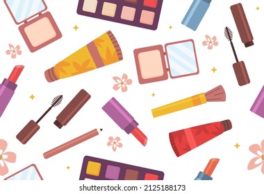 El cuidado de la piel es un patrón sin fisuras. Imagen de repetición de diseño para imprimir sobre papel de envoltura. Cepillos, espejo, polvo y crema. Belleza e higiene, cuidado de la piel y moda. Dibujo vectorial plano de dibujos animados