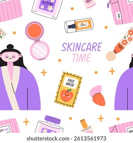 Skin care seamless pattern. Woman take care of skin background. Trendy hand drawing flat style.