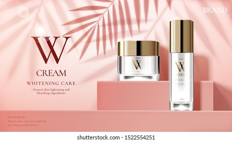 Skin Care Set Ads With Cream Jar On Pink Square Podium Stage And Palm Leaves Shadows In 3d Illustration