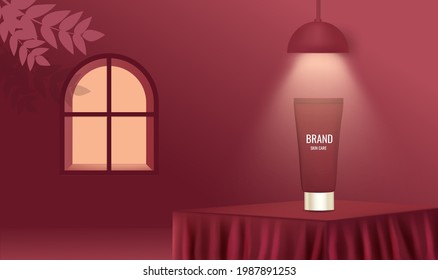 Skin care set advertisement with cream jar on red square podium stage and palm leaf shadow in 3d illustration