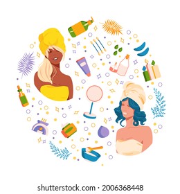 Skin care set with beauty girls and cosmetic. Icon natural herbal product for take care of skin. Collection of cleansing and moisturizing face skincare products at home with women. Vector illustration