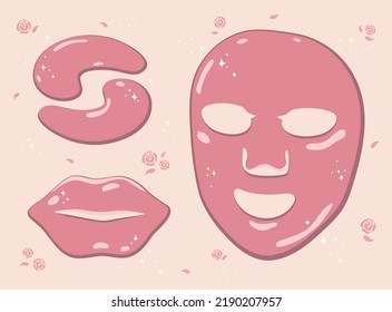 Skin care set: hydrogel patches for eyes, lips and hydrogel face mask. Vector illustration in doodle style. Flat icons for design.