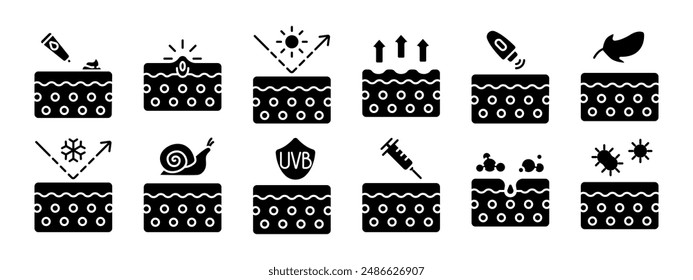 Skin care set icon. Applying cream, pimple, sun protection, absorption, light texture, cooling effect, snail essence, UVB protection, injection, foam cleansing, bacteria protection. Beauty.