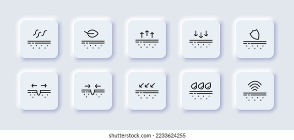 Skin care set icon. Beauty, evaporation, dehydration, leaf, natural ingredients, eco friendly, impact, UV protection, smooth wrinkles, clean pores, moisturizing. Cosmetology concept. Neomorphism style