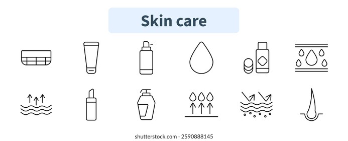 Skin care set icon. Cream, lotion, serum, drop, hydration, tablets, moisturizer, absorption, nourishment, soft skin, hair treatment.