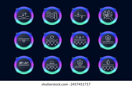 Skin care set icon. Dermis, skin, saggy skin, creams, oils, beauty, Korean cosmetics, epidermal protection, treatment, SPF, sweat, hydration, glassmorphism. Appearance care concept.