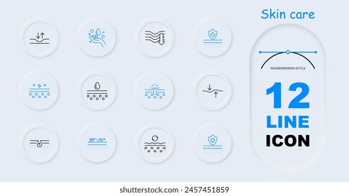 Icono de cuidado de la piel. Dermis, piel, piel flácida, cremas, aceites, belleza, cosméticos coreanos, protección epidérmica, tratamiento, FPS, sudor, hidratación, neomorfismo. Concepto de cuidado de la apariencia.