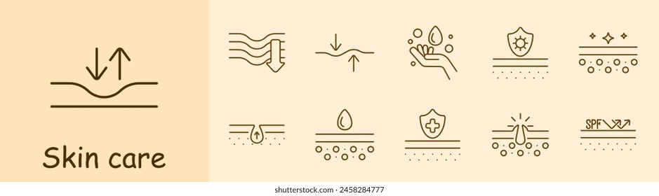 Icono de cuidado de la piel. Dermis, piel, piel flácida, cremas, aceites, belleza, cosméticos coreanos, protección epidérmica, tratamiento, FPS, sudor, hidratación. Concepto de cuidado de la apariencia.