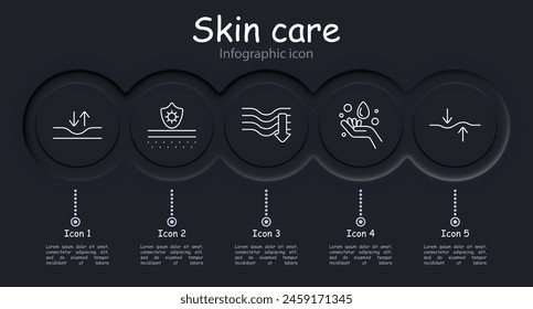 Skin care set icon. Dermis, skin, saggy skin, creams, oils, beauty, Korean cosmetics, epidermal protection, treatment, SPF, sweat, hydration, infographic, neomorphism. Appearance care concept.