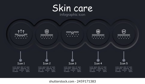 Icono de cuidado de la piel. Dermis, piel, piel flácida, cremas, aceites, belleza, cosméticos coreanos, protección epidérmica, tratamiento, FPS, sudor, hidratación, infografía, neomorfismo. Concepto de cuidado de la apariencia.